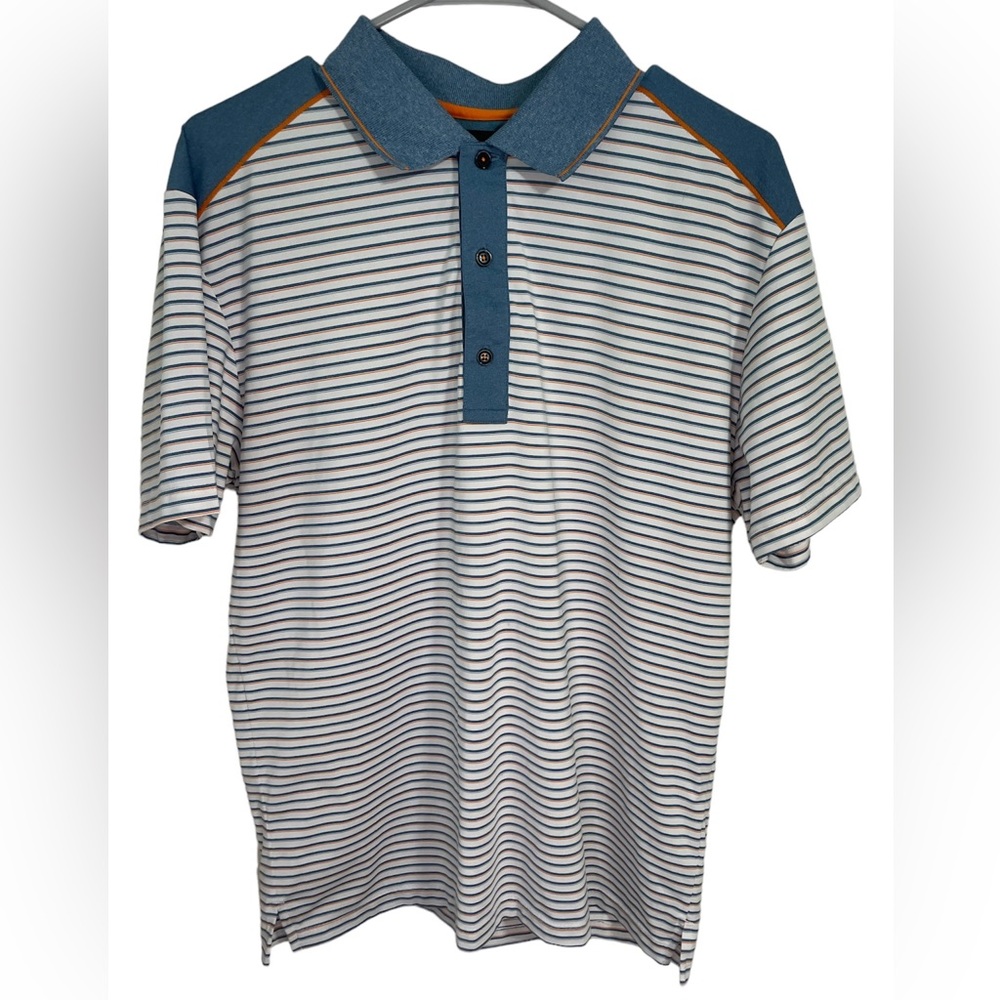 Greg Norman ML75 Stretch Blue Striped Short Sleeve Polo Shirt Mens Size Medium